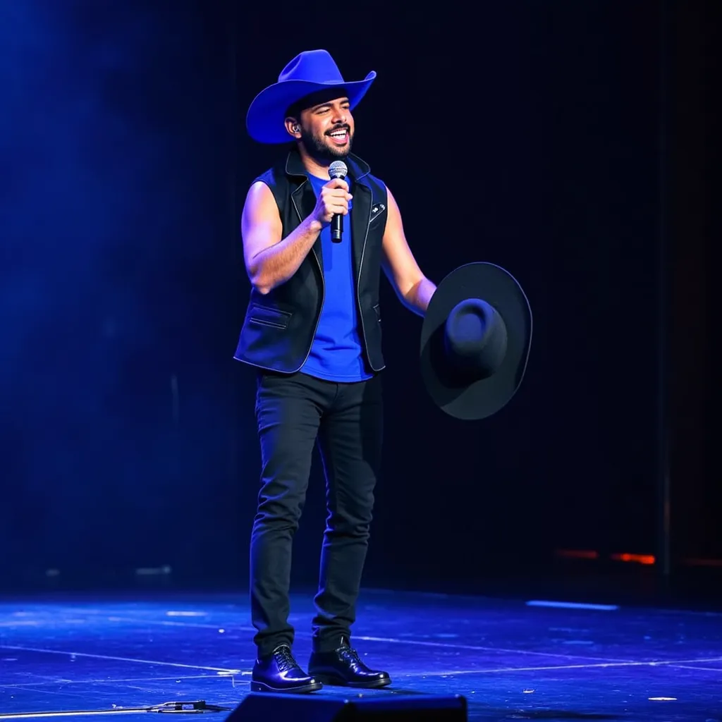 Pedro Sampaio with futuristic sleeveless blue shirt blue Cowboy hat blue Cowboy hat in your hand sleeveless black jacket black shoes black pants singing with microphone in stage in Manaus