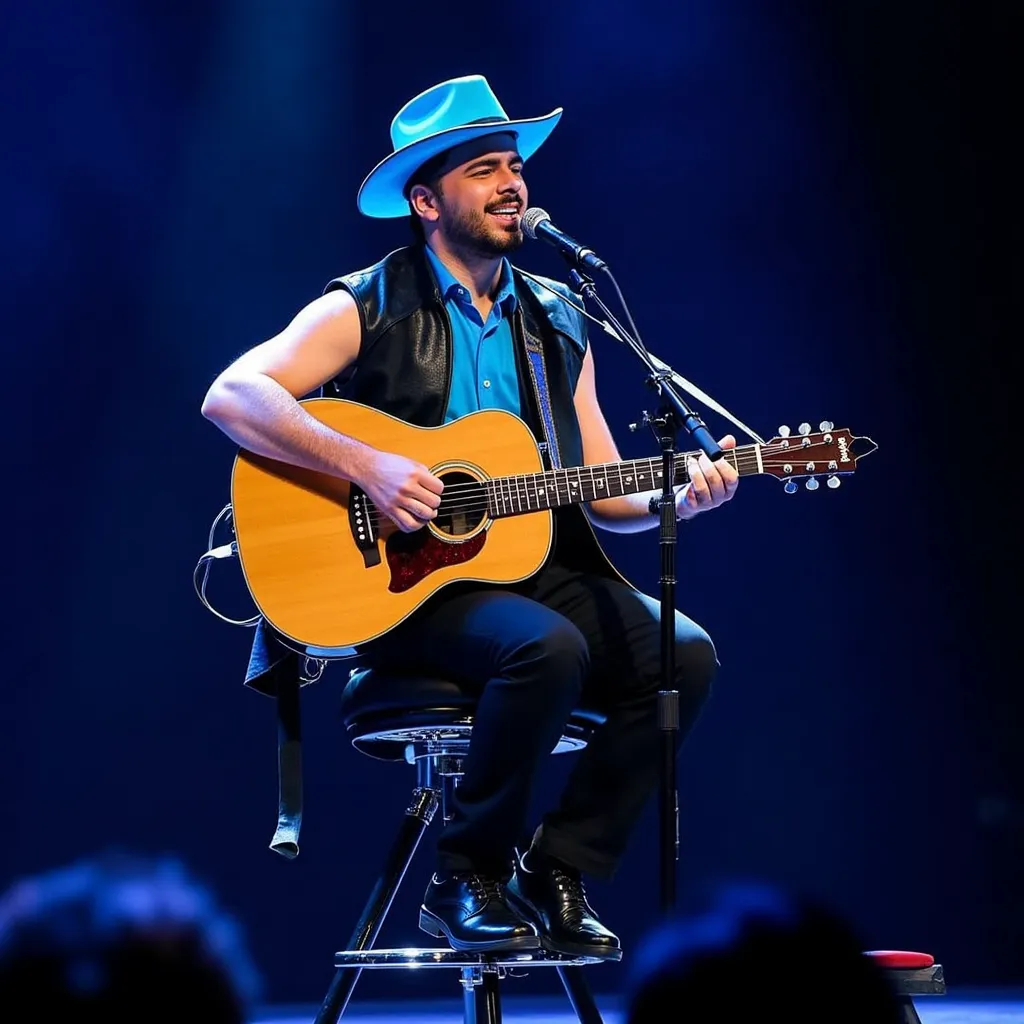 Pedro Sampaio with futuristic sleeveless blue shirt blue Cowboy hat sleeveless black jacket black shoes black pants singing with microphone on tripod  sitting with guitar in stage in Manaus