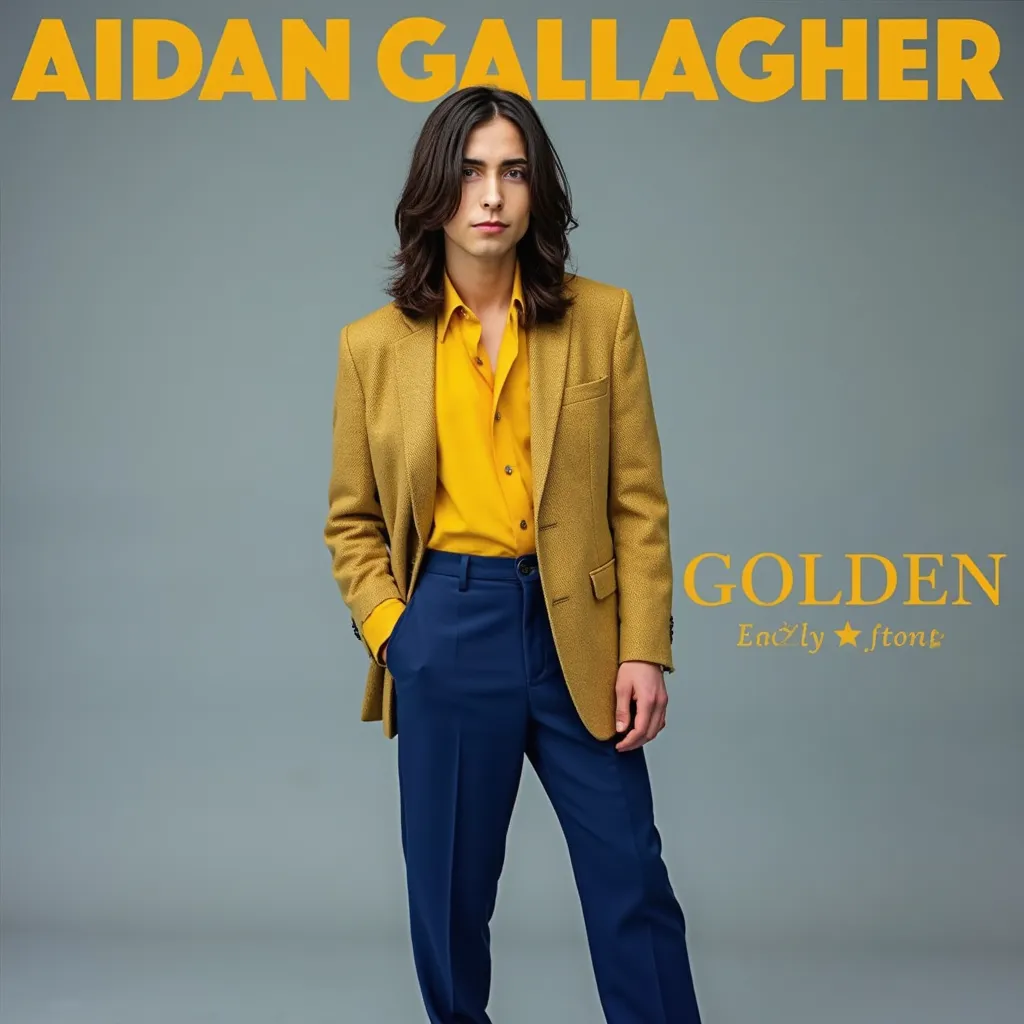 Aidan Gallagher with navy long hair yellow shirt Golden blazer long and closed blue pants black shoes Album cover named Golden with name of Aidan Gallagher in big letters