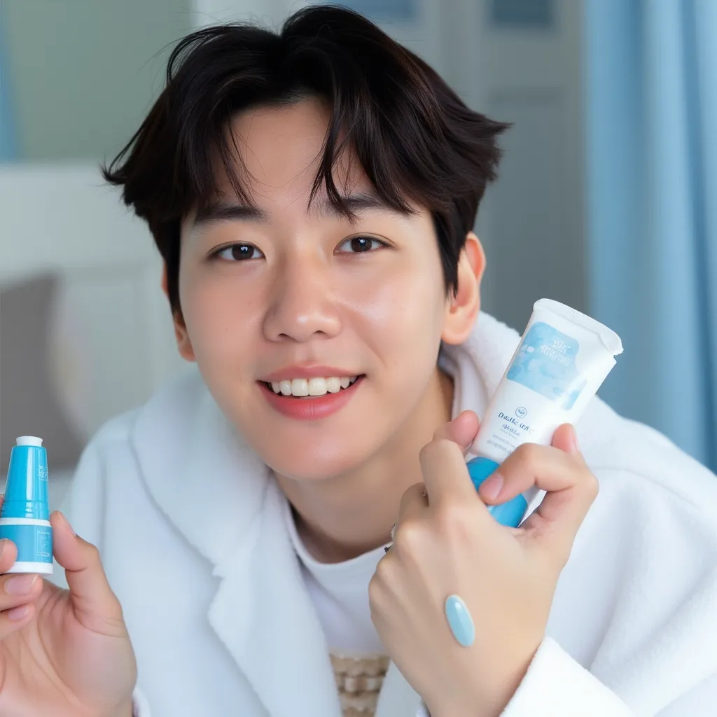 Baekhyun with blue bathrob in bedroom in Korean with skin product He appears smiling showing teeth with skin product on your hand skin product of Korean