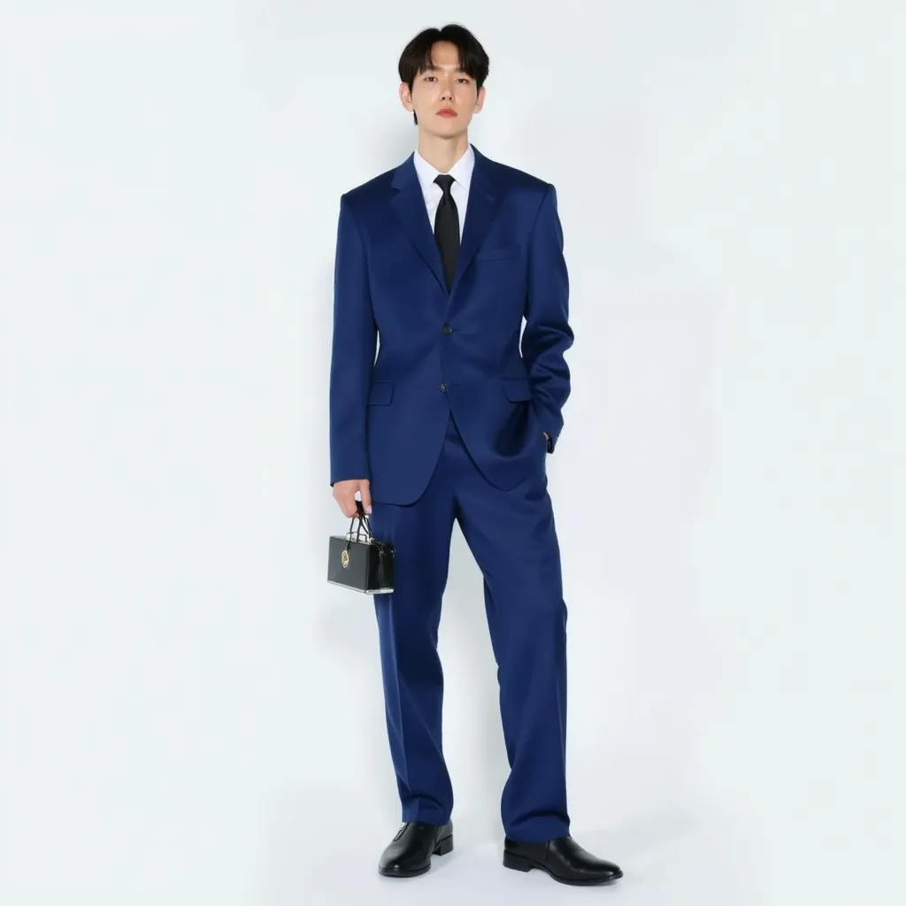 Baekhyun with blue jumpsuit black shoes black pants black cord black shoes with Korean perfume in hand in white background