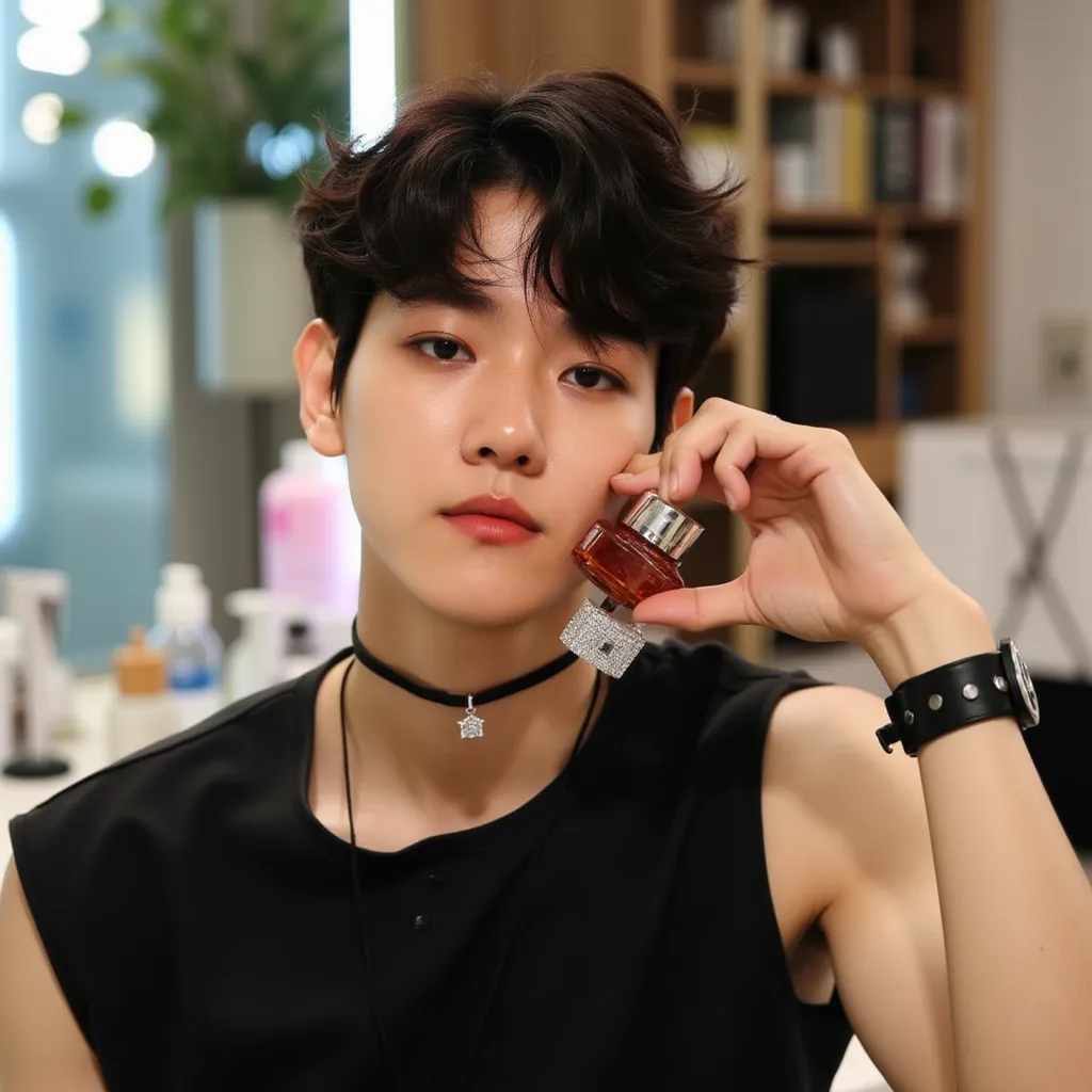 Baekhyun with black sleeveless shirt black cord black choker with diamond smile He appears with Korean perfume bottle in Korean beauty salon
