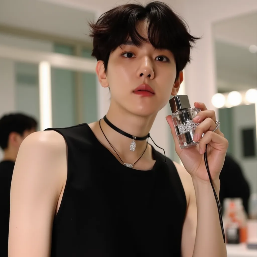 Baekhyun with black sleeveless shirt black cord black choker with diamond He appears with Korean perfume bottle in Korean beauty salon He appears smiling