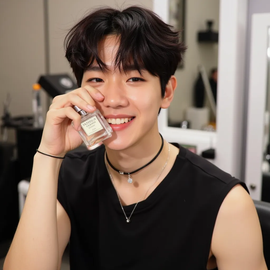 Baekhyun with black sleeveless shirt black cord black choker with diamond He appears with Korean perfume bottle and smiling showing teeth in Korean beauty salon