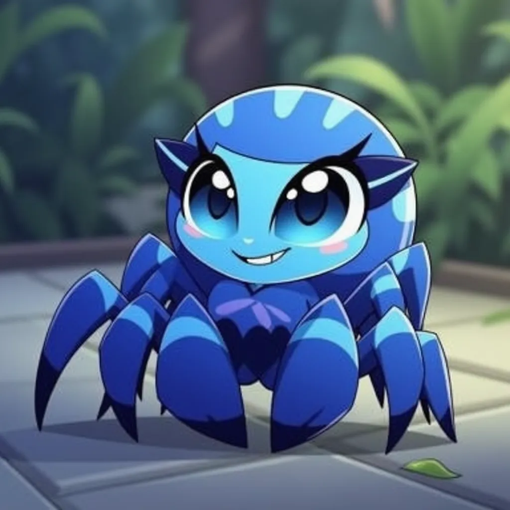 A chibi little female blue spider with big adorable sparkling eyes, cute eyelashes, and chubby cheeks like a baby. She also has a cute little smile.
