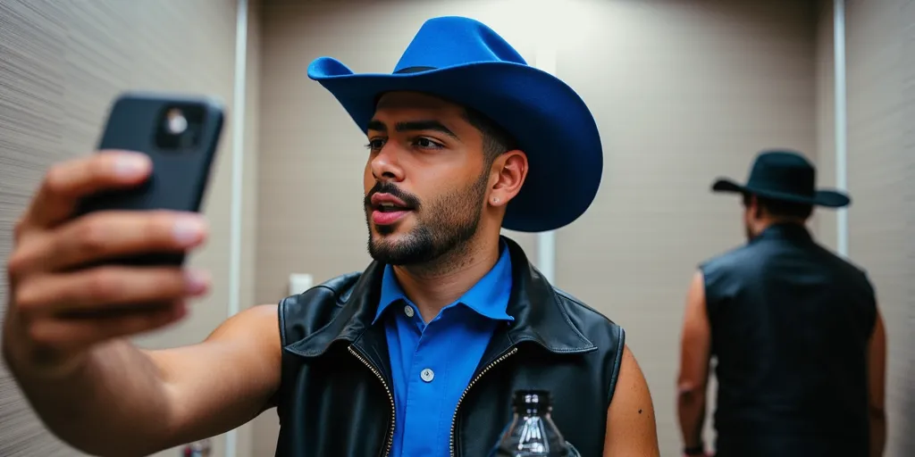 Pedro Sampaio with futuristic sleeveless blue shirt blue Cowboy hat sleeveless black jacket in dressing room in Rio de Janeiro He appears with water bottle in hand making selfie with cellphone