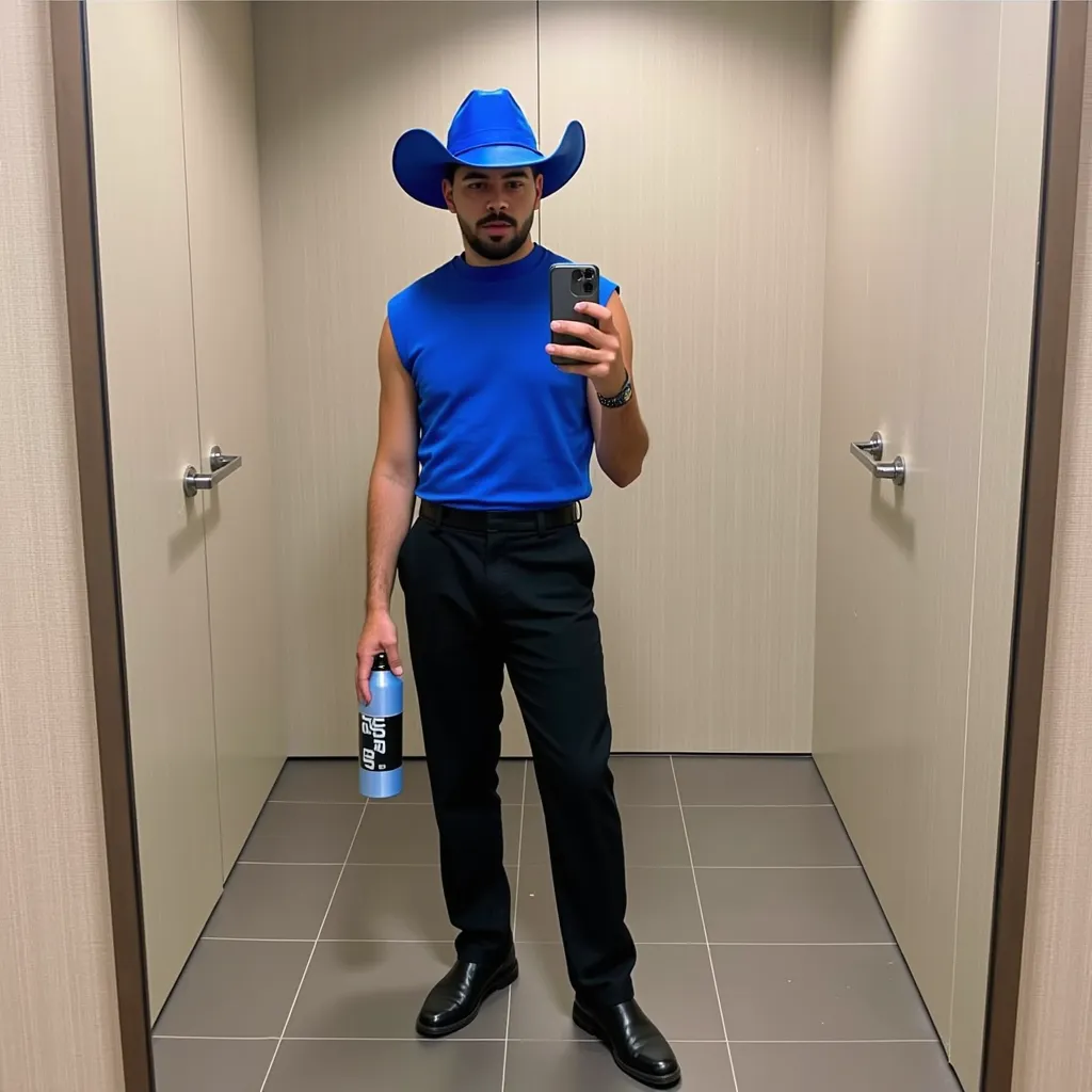 Pedro Sampaio with futuristic sleeveless blue shirt blue Cowboy hat black pants black shoes in dressing room in Rio de Janeiro making selfie with cellphone with water bottle in your hand
