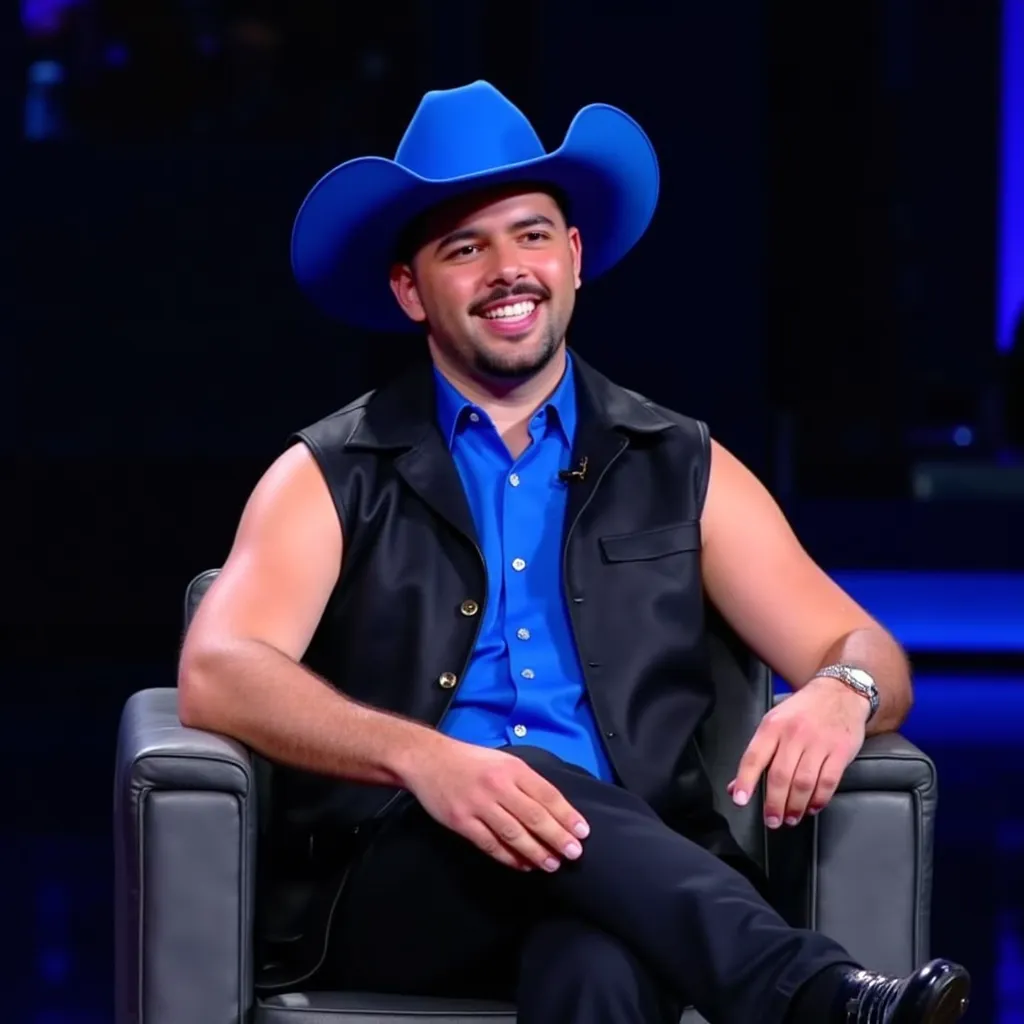 Pedro Sampaio with futuristic sleeveless blue shirt blue Cowboy hat black sleeveless jacket black shoes black pants sitting in stage in Manaus He appears smiling showing teeth