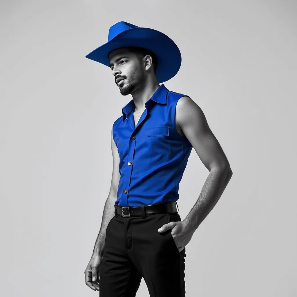 Pedro Sampaio with futuristic sleeveless blue shirt blue Cowboy hat black pants black shoes photo in black and white