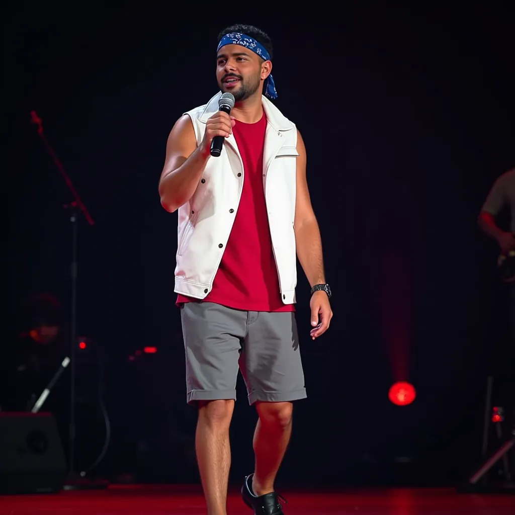 Pedro Sampaio with red shirt white sleeveless jacket  blue bandanna in head black shoes grey short singing in stage in Manaus