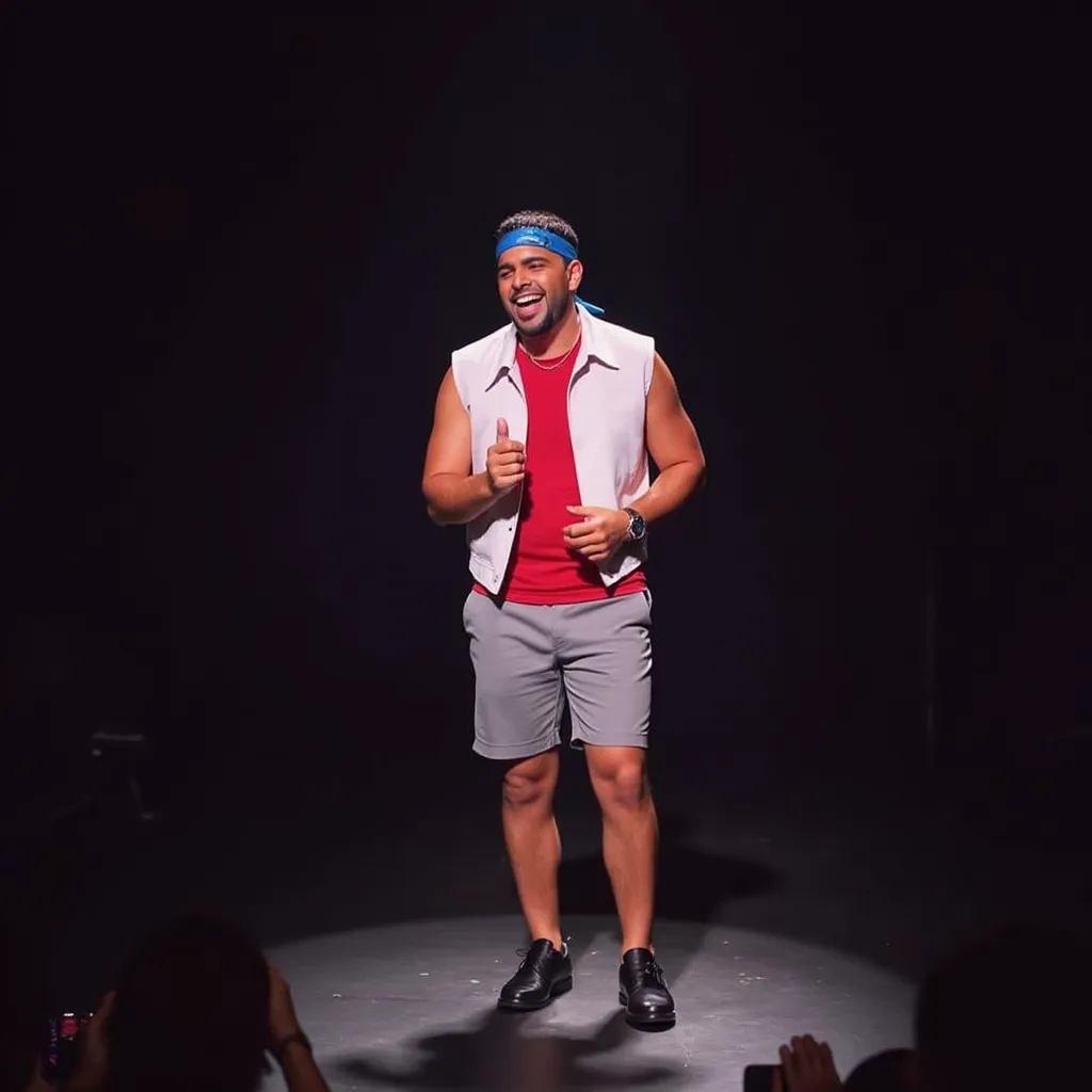 Pedro Sampaio with red shirt white sleeveless jacket  blue bandanna in head black shoes grey short singing happy showing teeth in stage in Manaus