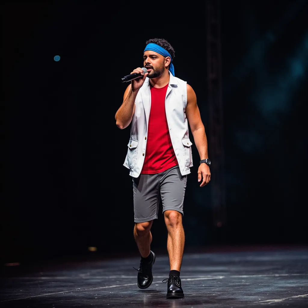 Pedro Sampaio with red shirt white sleeveless jacket  blue bandanna in head black shoes grey short singing  and walking in stage in Manaus