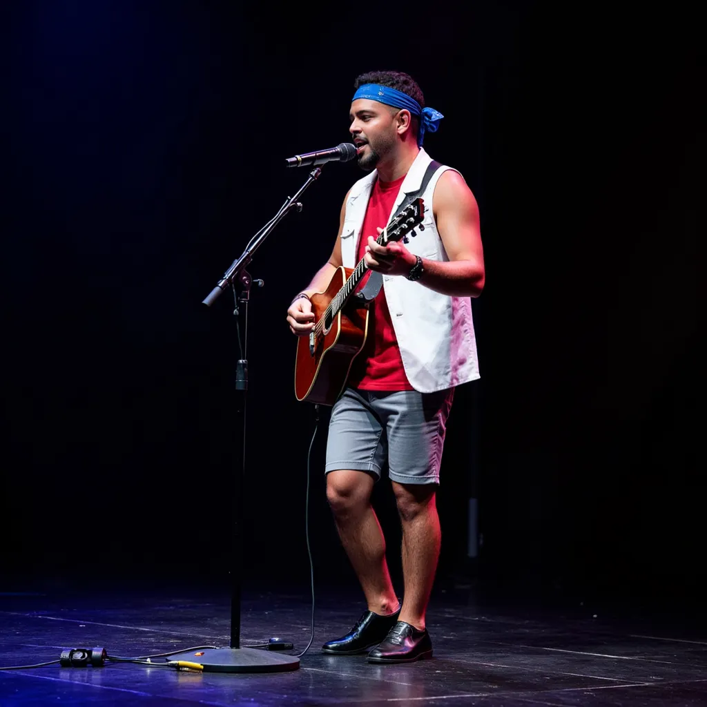 Pedro Sampaio with red shirt white sleeveless jacket  blue bandanna in head black shoes grey short singing with microphone on tripod and guitar on your hand in stage in Manaus