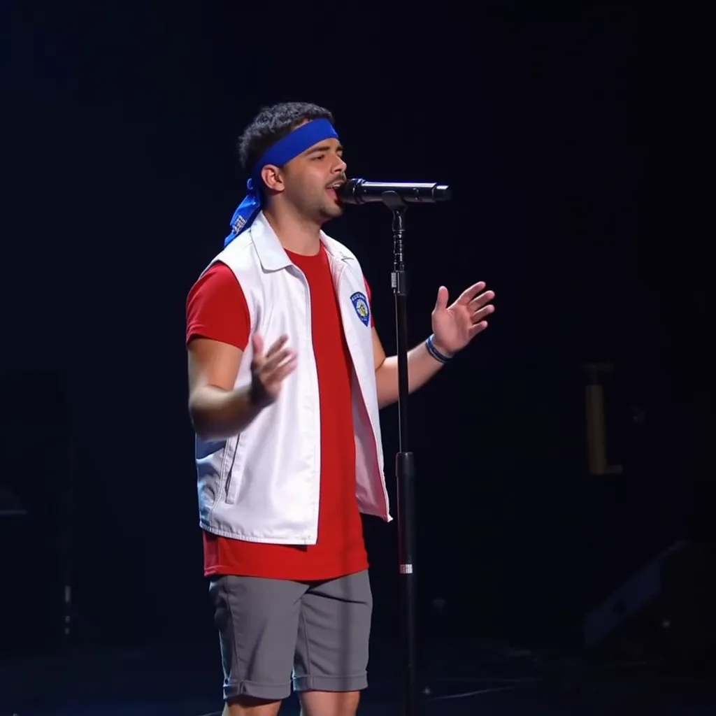 Pedro Sampaio with red shirt white sleeveless jacket  blue bandanna in head black shoes grey short singing camera  focusing on Him in stage in Manaus