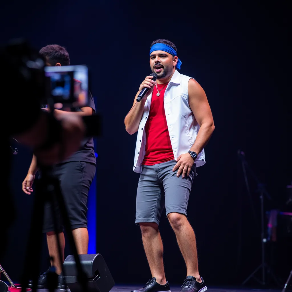 Pedro Sampaio with red shirt white sleeveless jacket  blue bandanna in head black shoes grey short singing with microphone on tripod camera  focusing on Him in stage in Manaus