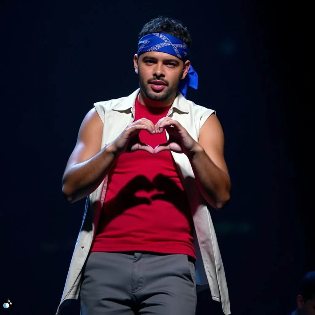 Pedro Sampaio with red shirt white sleeveless jacket  blue bandanna in head black shoes grey short singing making heart shape with hand in stage in Manaus