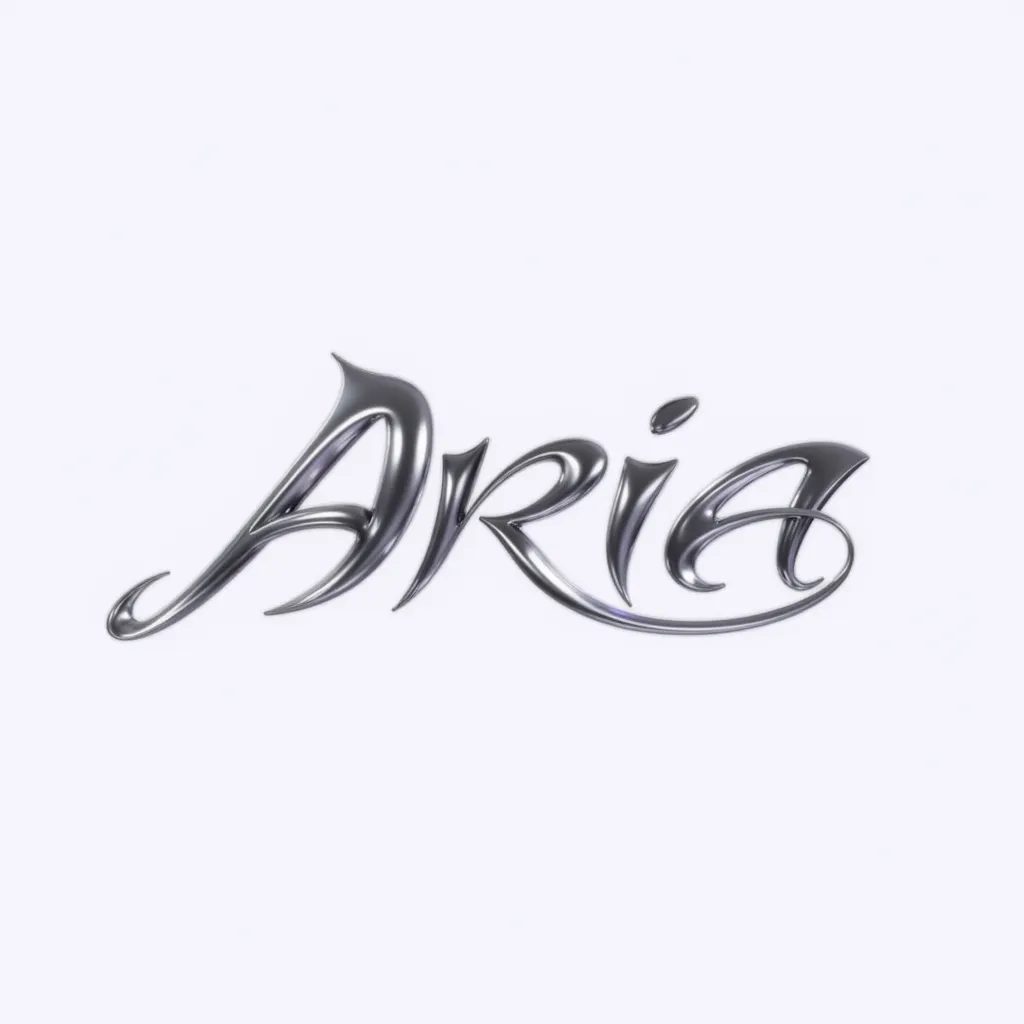 y2klogos A logo apresenta a palavra "ARIA" escrita em um gradiente que combina prata metálico. As letras são desenhadas em um estilo curvilíneo e estilizado, criando uma aparência futurista e fluida. As curvas suaves das letras dão um toque estravagante e sofisticado à logo, com um brilho sutil que destaca o efeito metálico. O fundo é simples e claro, o que ajuda a realçar as core lavanda da logo, conferindo um visual limpo e atraente.