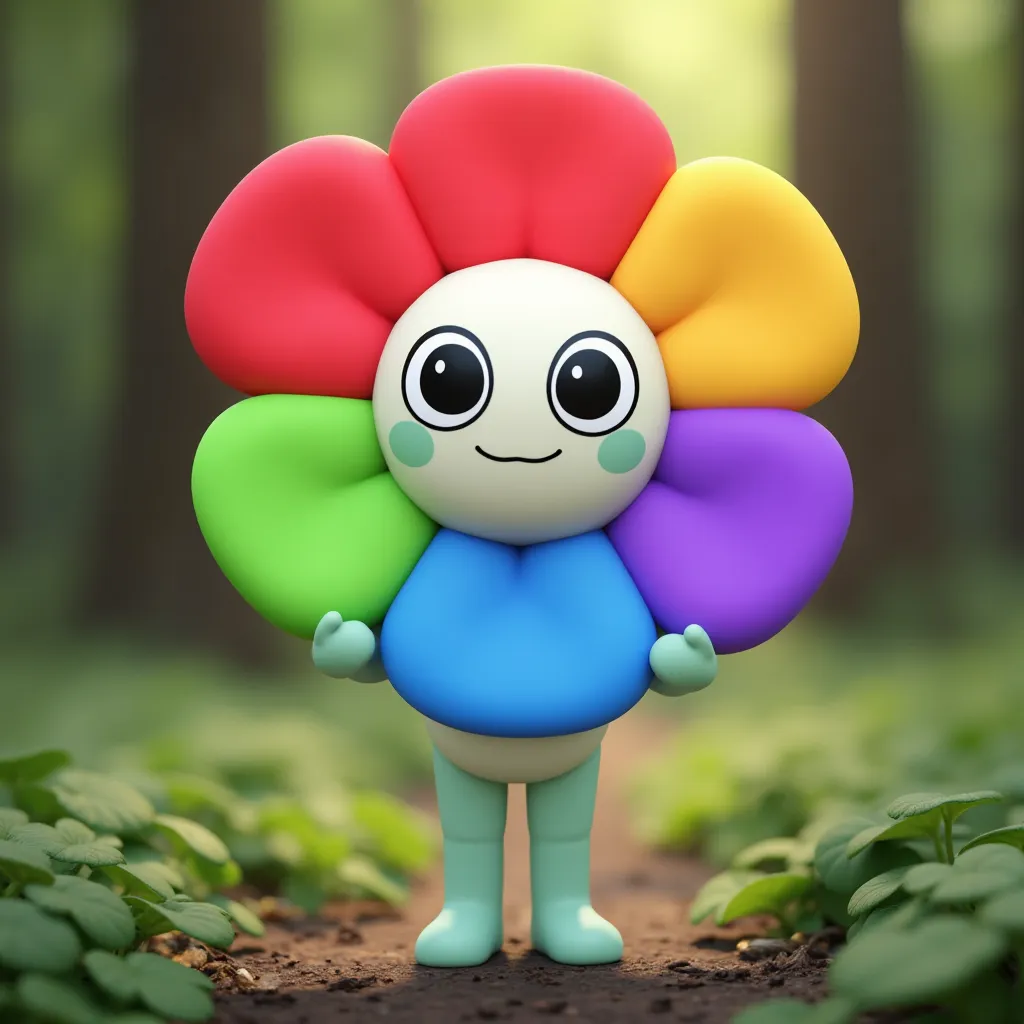 Dandy the Flower, he has 6 petals which the upper petal is red, the right one is orange, then the next is yellow, green is in the bottom, blue in bottom left and purple which is near to blue, he has a cartoon face (draw with no nose), with white body and light mint hands and legs. He is super cute and realistic in the forest