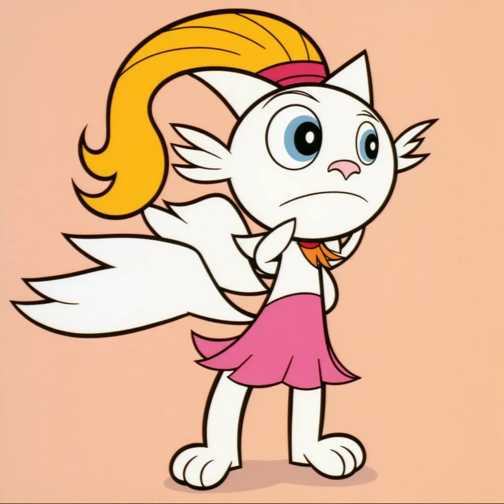 Wenda in the Power Pull Girls style, cartoon illustration of a white cat.