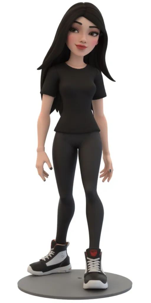 Disney Infinity Figure: A stylized figure resembling andreabsim, 1women, with long black hair, wearing a black T-shirt, black pants, black and white sneakers, standing on a circular base