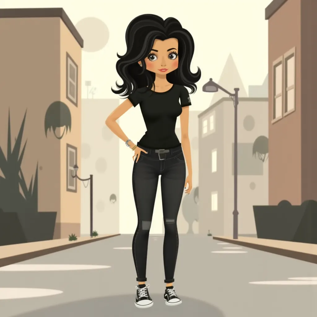 in the style of SheZow (Shorty McShorts’ Shorts pilot), 2D, minimalistic, flat, andreabsim, women, with black hair, wearing black t-shirt, black leather pants, black and white sneakers, muted colors, cartoon, minimalistic, streets background