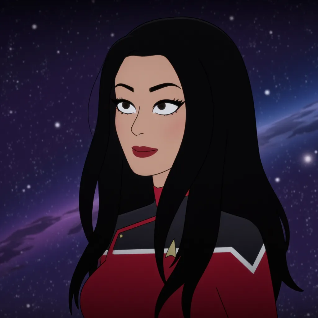 lowerdecks_style andreabsim, women, with black long hair, space background