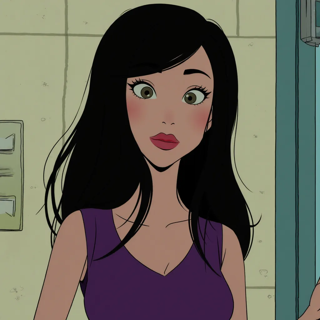 in the style of Robot Dreams (Animated Film), 2D, cartoon, andreabsim, women, with long black hair