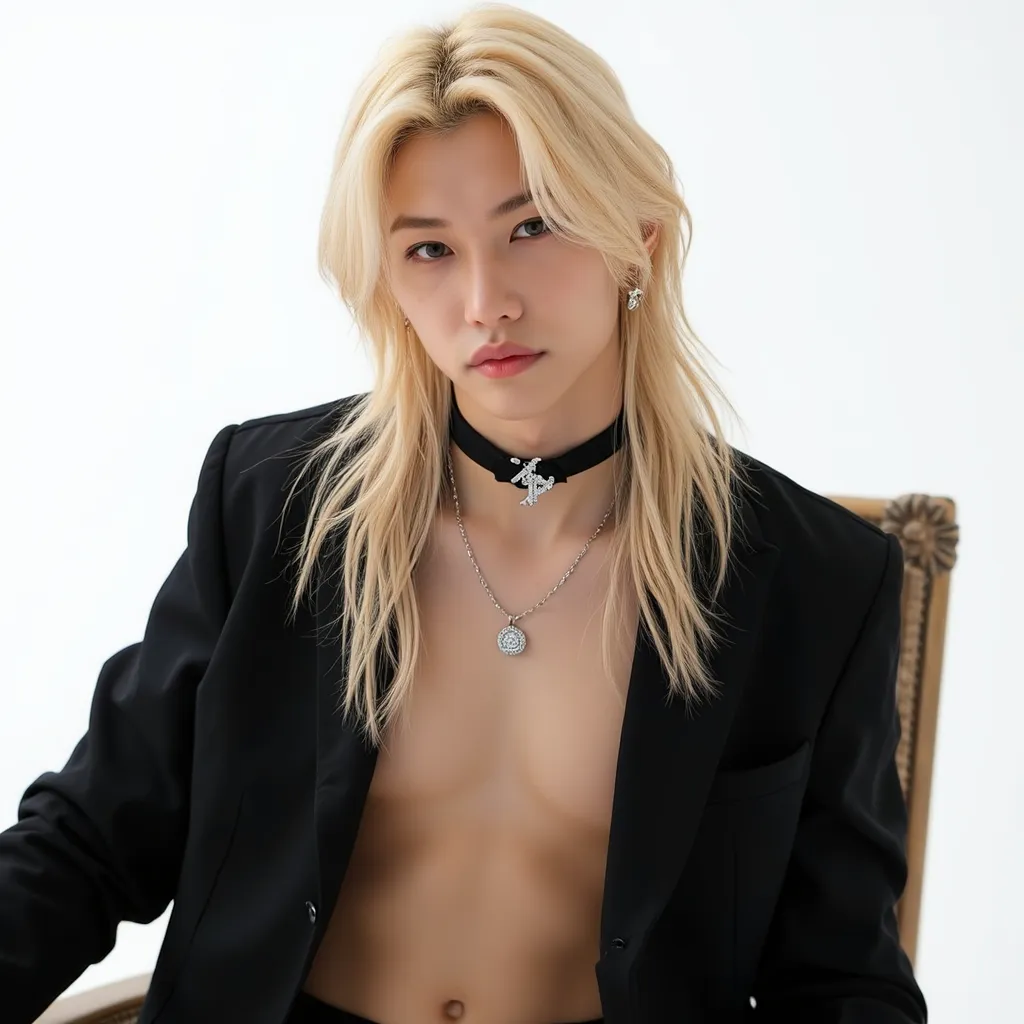 Felix with longest blonde hair with black choker with F on choker Diamonds black blazer showing chest He appears eyebrows up showing teeth photoshoot in white background sitting backwards in chair