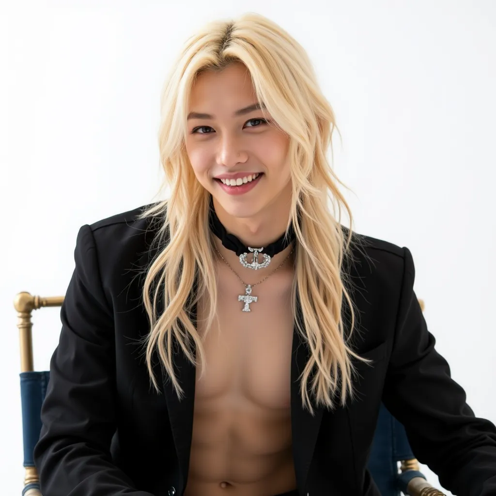 Felix with longest blonde hair with black choker with F on choker Diamonds black blazer showing chest He appears smiling showing teeth  photoshoot in white background sitting backwards in chair