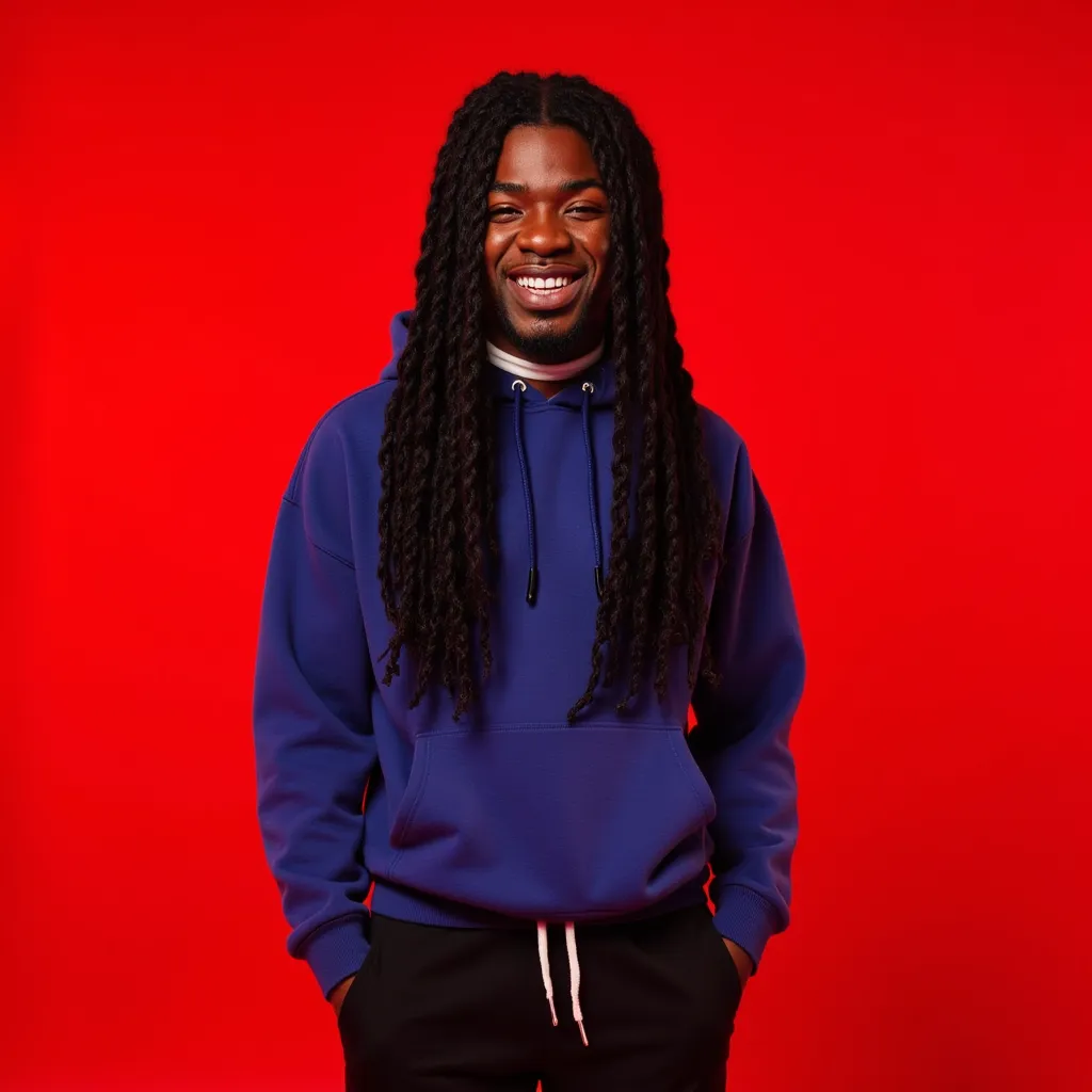 Gazo with long, dark braided hair blue hood without hood black pants black shoes black cord white choker photoshoot smiling showing teeth in red background
