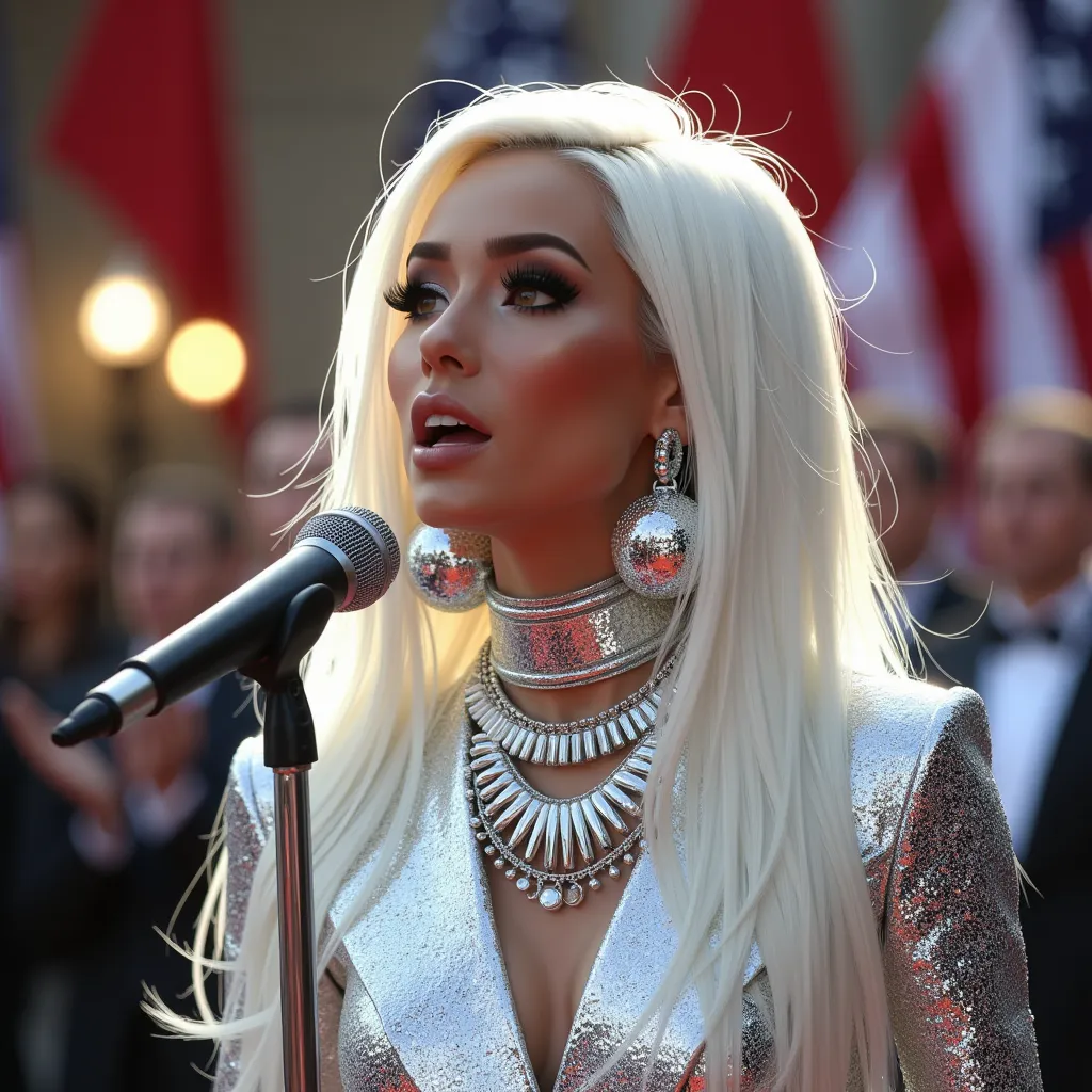 andreabsim women, with white long hair, wearing mirrorball sphere earrings, wearing mirrorball outfit with huge silver accessories, perform singing in inauguration day. realistic style, studio lighting, medium telephoto lens, high resolution, 8K detail, natural light, (sharp focus:1.2), (HDR:1.1)