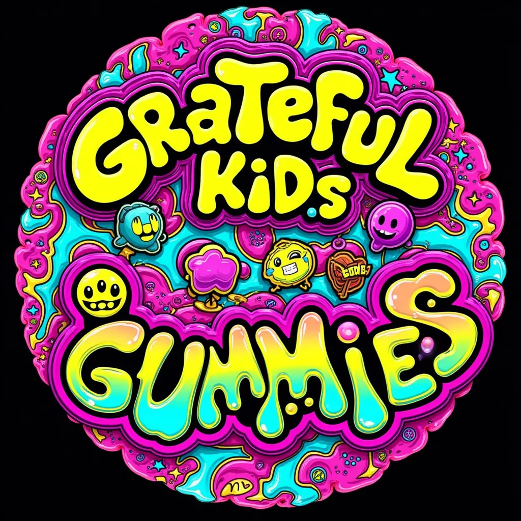 circle logo Sourpatch Kids candy style "Grateful Gummies" trippy kaleidoscope psychedelic 70s concert poster font hippie, colorful neon