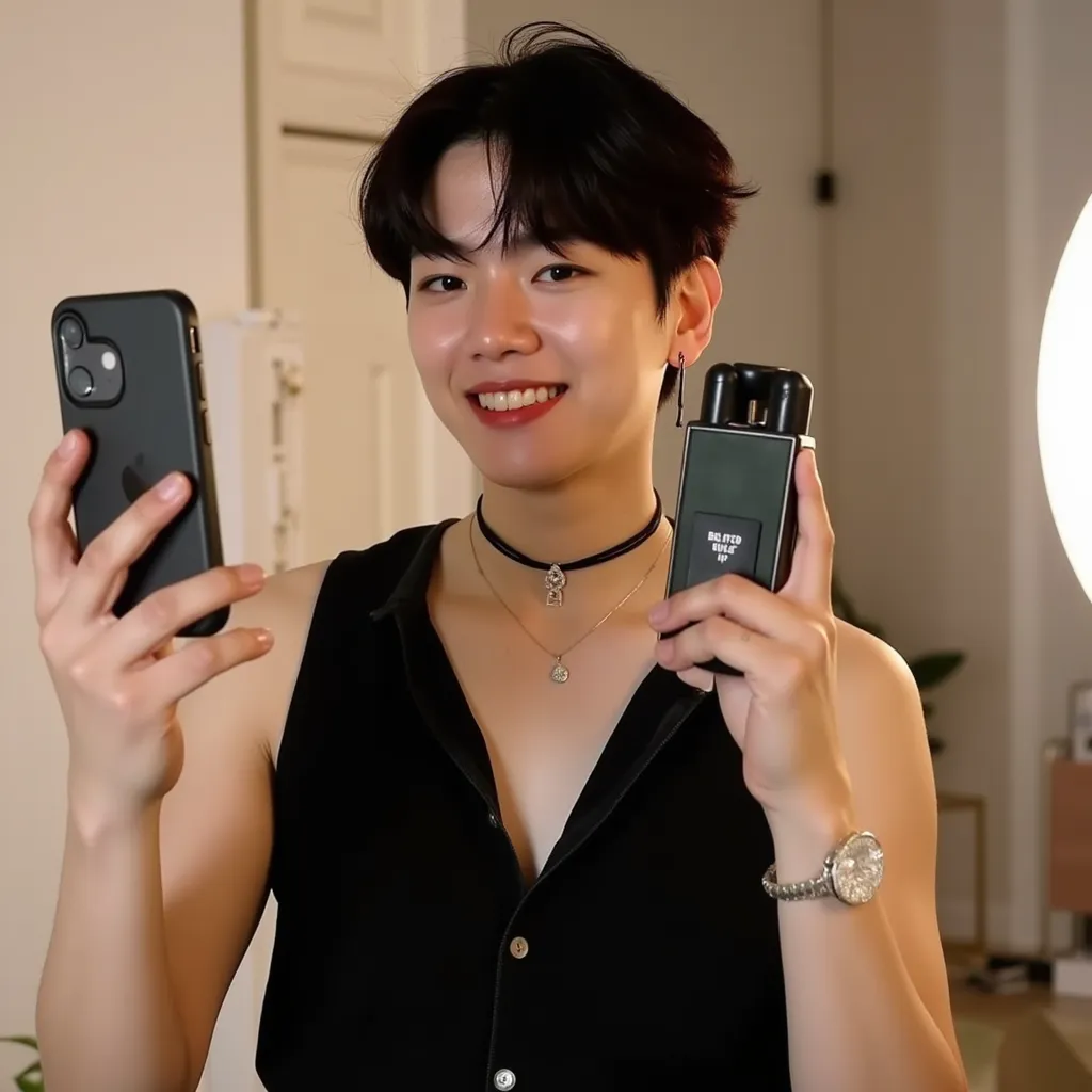 selfie with cellphone in bedroom in Korean with black sleeveless shirt black cord black choker with diamond He appears with Korean perfume bottle and smiling showing teeth in Korean beauty salon