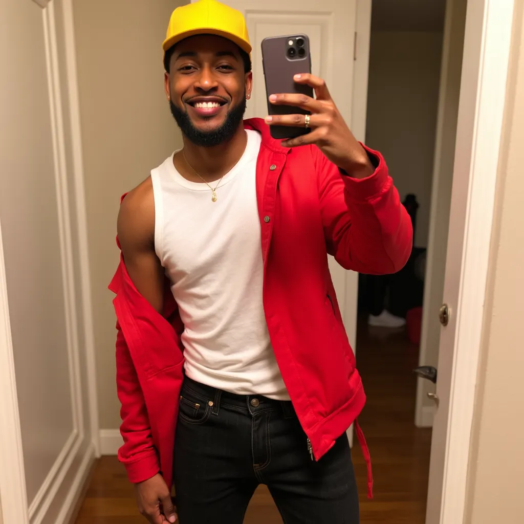 Jacob Latimore with white sleeveless shirt red jacket yellow cap to back black jeans pants black shoes smile showing teeth selfie with cellphone in bedroom in New York