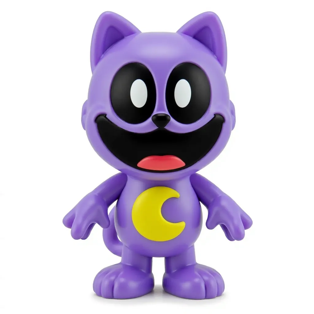 A Character rubber figures Of Basic fun Of Mashems Character for "Catnap" A cartoon character resembling a purple cat with large eyes and a wide open mouth, wearing a purple costume with a yellow Moon on the chest. The character's arms are outstretched, Shuts hands, and it has pointy ears. The background is a white