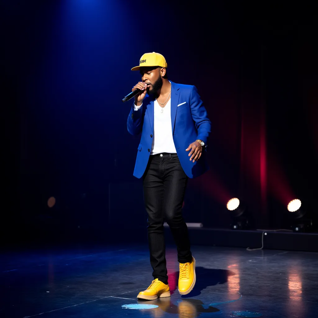 Jacob Latimore with sleeveless white shirt all closed blue blazer yellow cap but blazer closed your shirt black jeans pants yellow shoes He appears singing with microphone in stage in New York