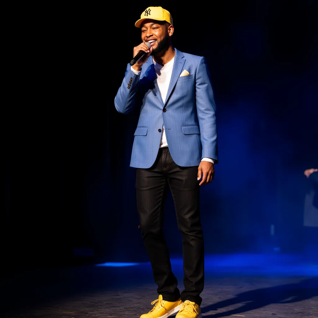 Jacob Latimore with sleeveless white shirt all closed blue blazer yellow cap but blazer closed your shirt black jeans pants yellow shoes He appears singing happy with microphone in stage in New York