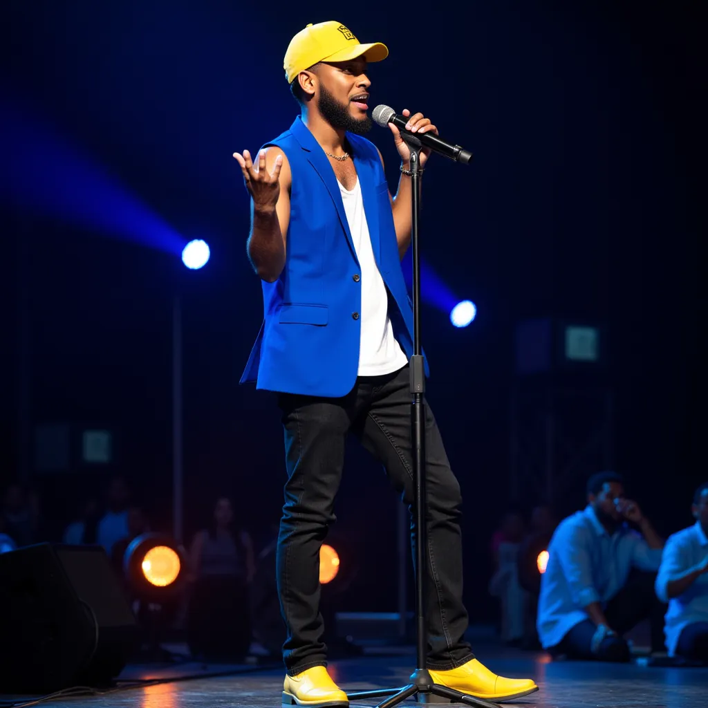Jacob Latimore with sleeveless white shirt all closed blue blazer yellow cap but blazer closed your shirt black jeans pants yellow shoes He appears singing happy with microphone on tripod in stage camera focusing on Him in New York