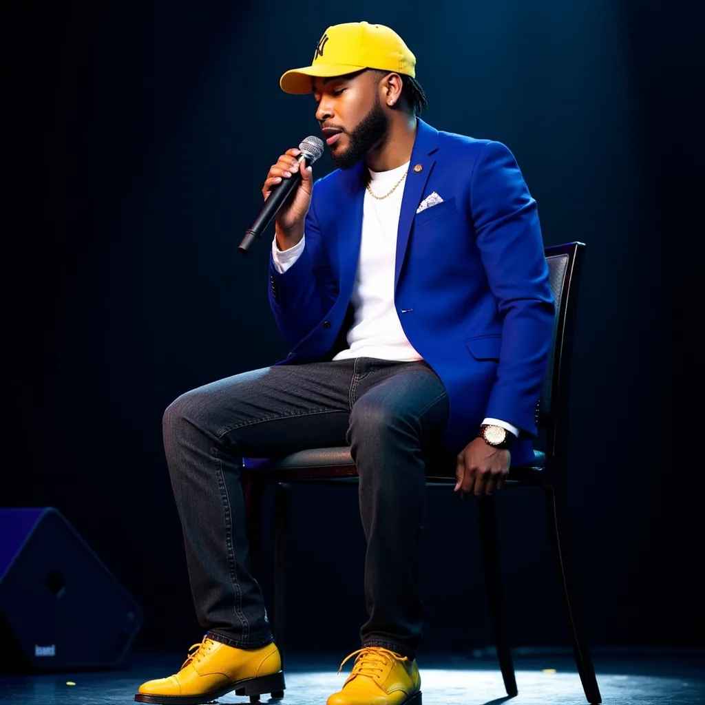 Jacob Latimore with sleeveless white shirt all closed blue blazer yellow cap but blazer closed your shirt black jeans pants yellow shoes He appears singing and sitting with microphone in stage in New York