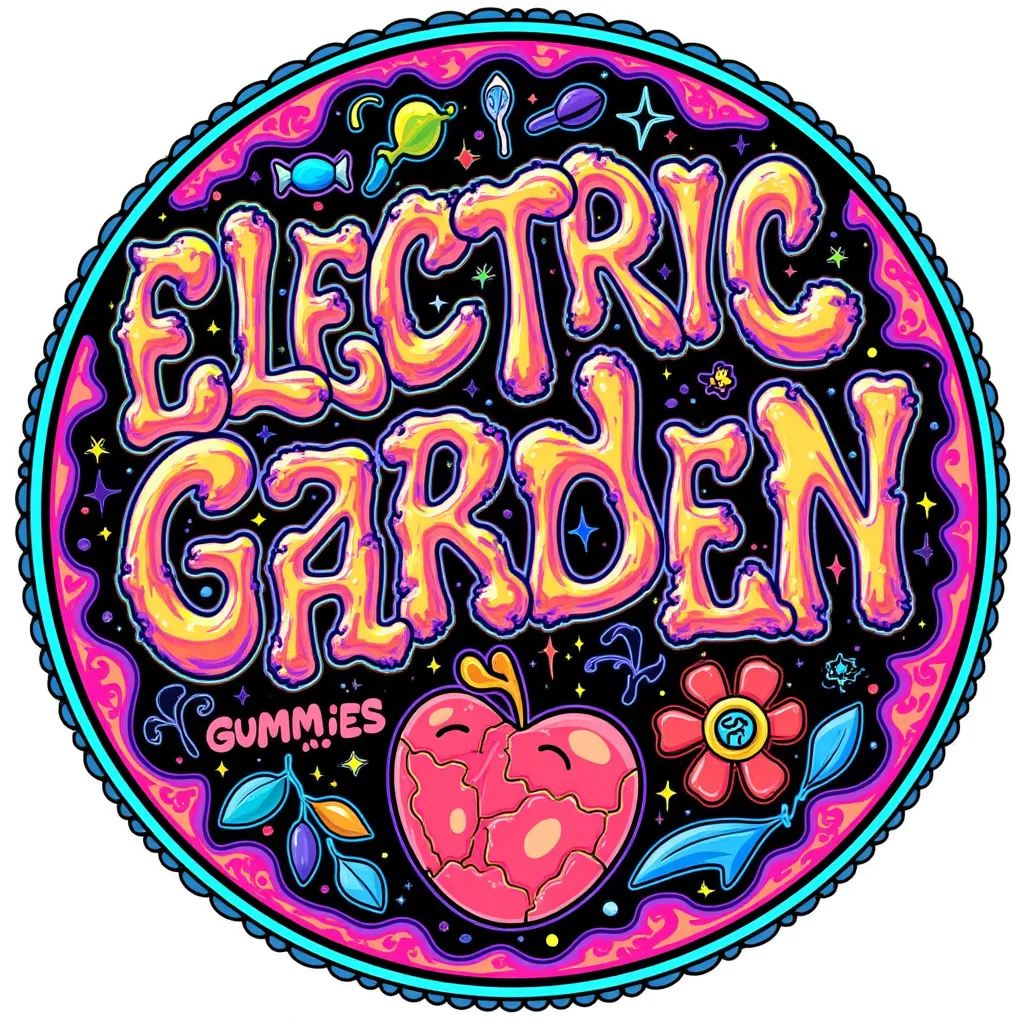 circle logo with text “Electric Garden Gummies”, psychedelic candy label, colorful,  trippy, hippie vibe, kaleidoscope
