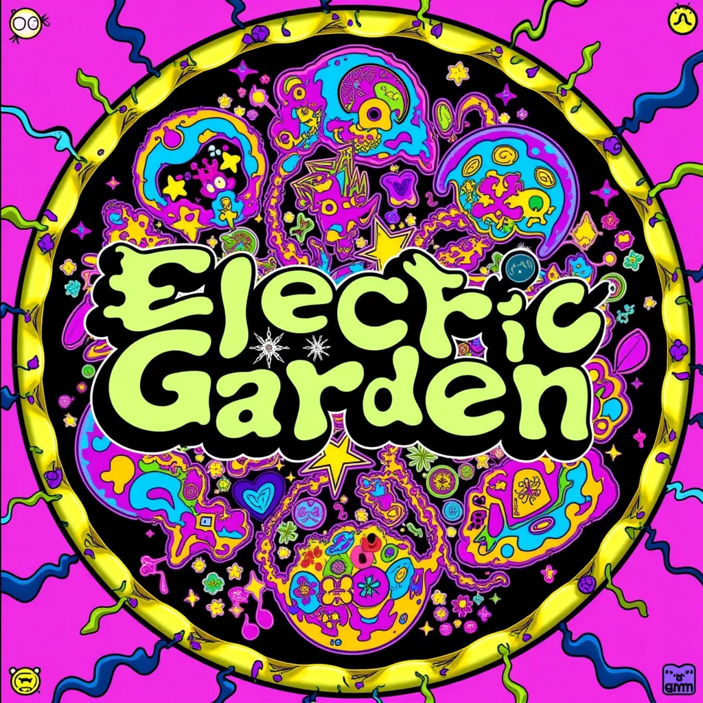 circle logo with text “Electric Garden Gummies”, psychedelic candy label, colorful,  trippy, hippie vibe, kaleidoscope