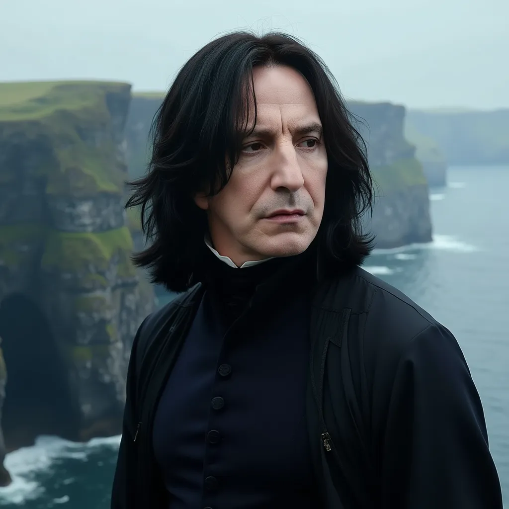 Close up portrait of 35 year old Severus Snape by Alan Rickman, long, dark hair.  Rocky cliffs on background. The background is misty, adding an ethereal quality to the scene, and the vast expanse of water below the cliff suggests a precarious yet serene environment. The overall atmosphere is one of elegance and calm amidst the stark natural landscape.