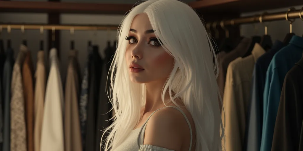 andreabsim women, with white long hair, looking at her closet. realistic style, studio lighting, medium telephoto lens, high resolution, 8K detail, natural light, (sharp focus:1.2), (HDR:1.1)