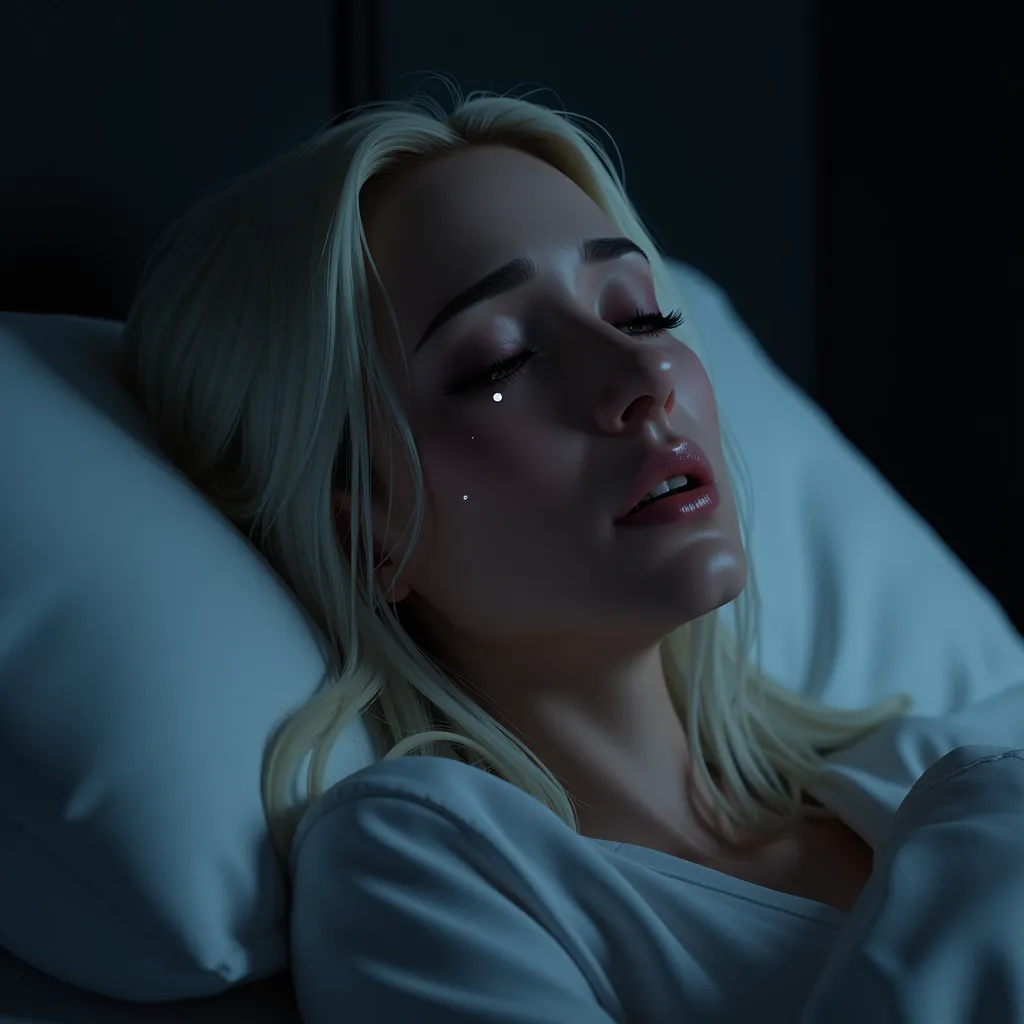 andreabsim women, with white long hair, wearing pjs, sad and crying with tears while in bed sideways, eyes closed. dark night. realistic style, studio lighting, medium telephoto lens, high resolution, 8K detail, natural light, (sharp focus:1.2), (HDR:1.1)