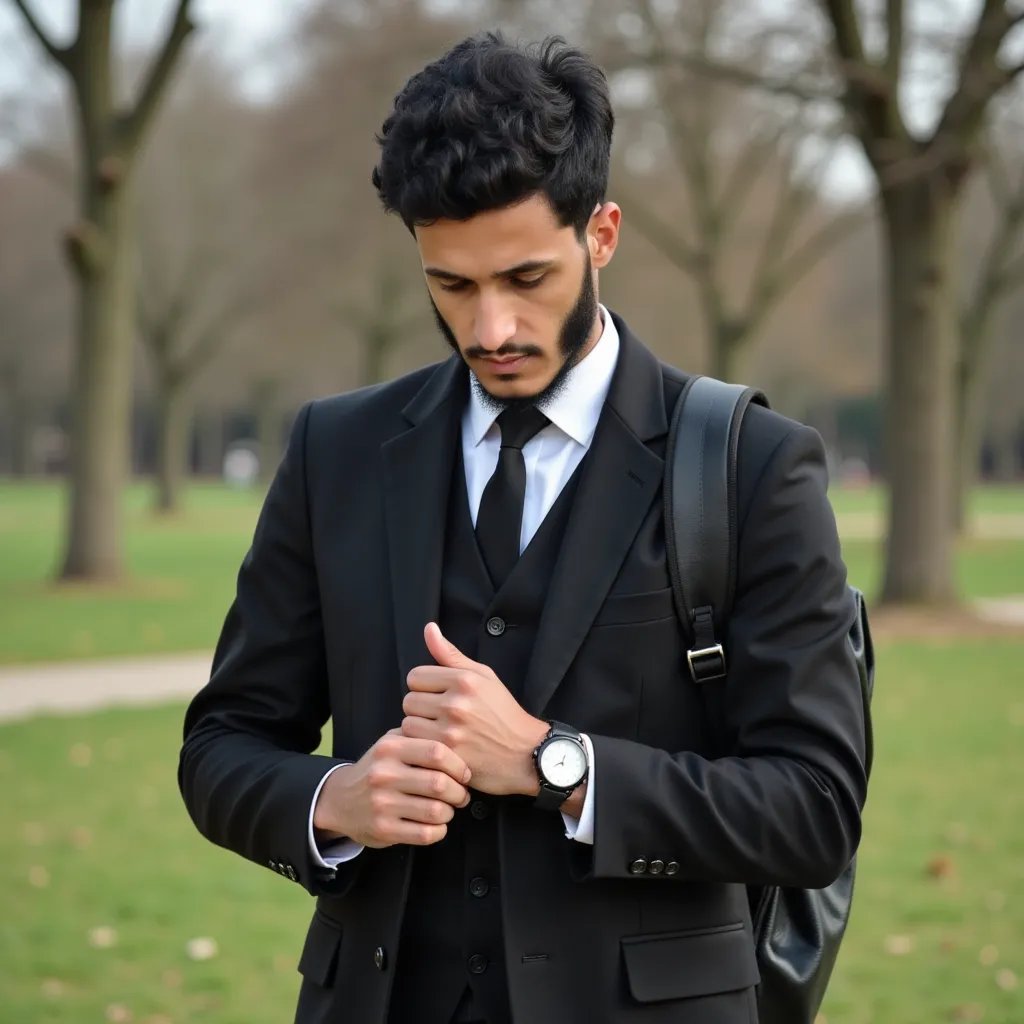 The image shows a man in a formal attire standing in a park. He is wearing a black suit with a white shirt and a black tie. He has a black backpack slung over his shoulder and is looking down at his watch. The background is blurred, but it appears to be a park with trees and grass. The man has a serious expression on his face and is holding the watch in his left hand.high quality.
