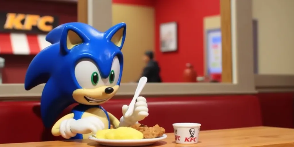 Sonic the Hedgehog enjoying a meal inside a KFC restaurant, stop motion animation scene, Robot Chicken style, indoors with a fast-food restaurant vibe, comedic and slightly satirical approach, claymation textures, vibrant and exaggerated features, inspired by Adult Swim aesthetics, medium shot view, studio lighting, vivid colors, (stop motion intricacies:1.2), (surreal yet comedic tone:1.15).