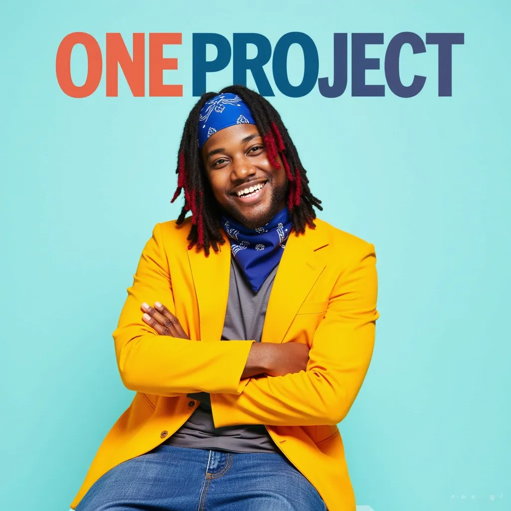 Leon Thomas with black and red hair blue bandanna in head grey T-shirt hide neck yellow blazer but closed blazer blue jeans pants He appears smiling showing teeth with arm supported on light blue background He appears in Album Cover written One Project  written name of Leon Thomas in big letters