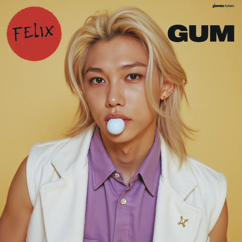 Felix with longest blonde hair with purple shirt white sleeveless blazer He appears with ball of gum in mouth in Album Cover Gum with name of Felix in big letters