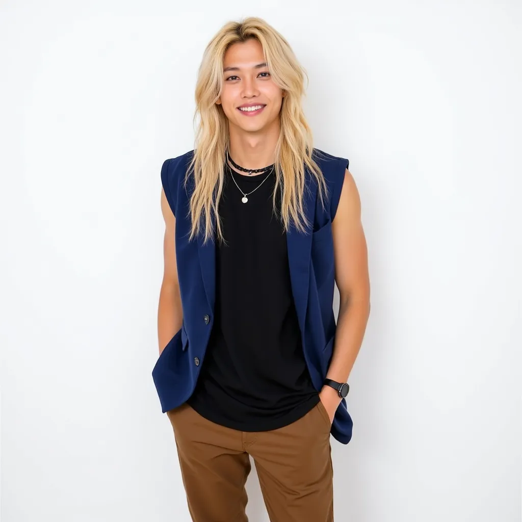 Felix with longest blonde hair black T-shirt sleeveless blue blazer black cord black choker brown pants black shoes He appears smiling showing teeth photoshoot in white background