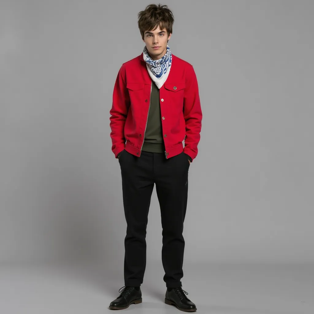Kevin Quinn  with white regatta blue bandanna in neck  red jacket sleeves rolled up black pants black shoes in grey background